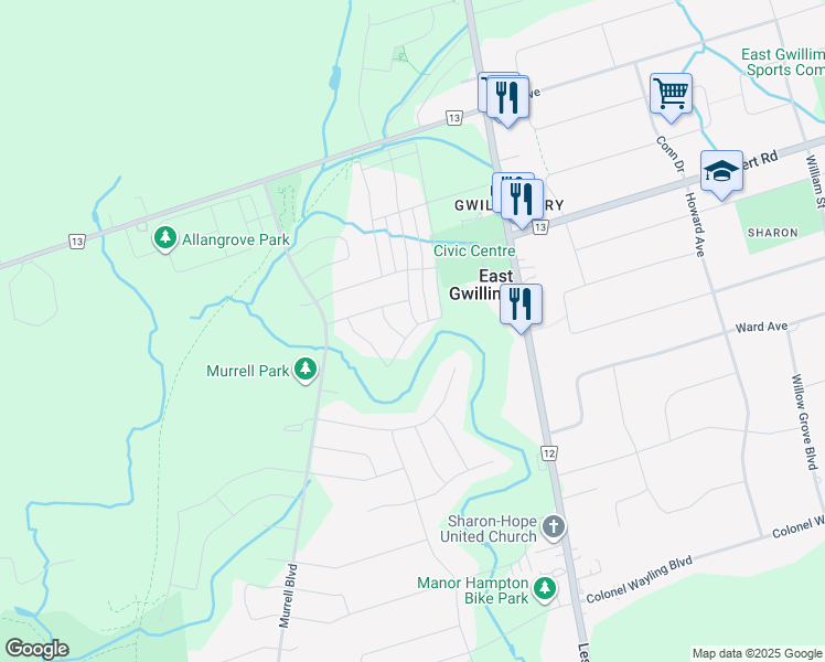 map of restaurants, bars, coffee shops, grocery stores, and more near Sharonview Cresent in East Gwillimbury