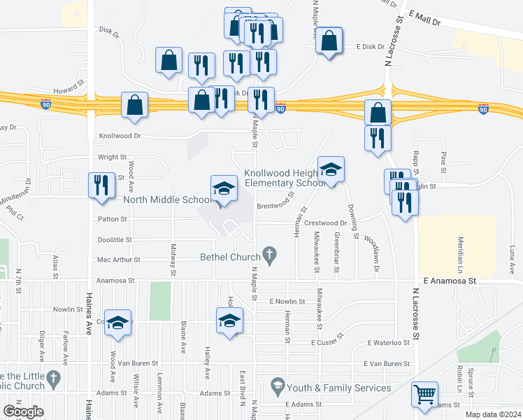 map of restaurants, bars, coffee shops, grocery stores, and more near 1502 Brentwood Street in Rapid City