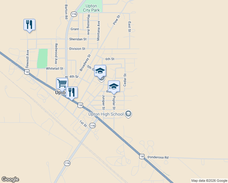 map of restaurants, bars, coffee shops, grocery stores, and more near 610 Poplar Street in Upton