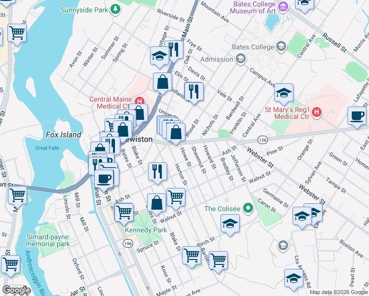 map of restaurants, bars, coffee shops, grocery stores, and more near 93 Sabattus Street in Lewiston