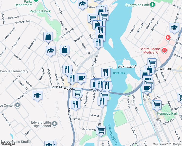 map of restaurants, bars, coffee shops, grocery stores, and more near 142 Turner Street in Auburn