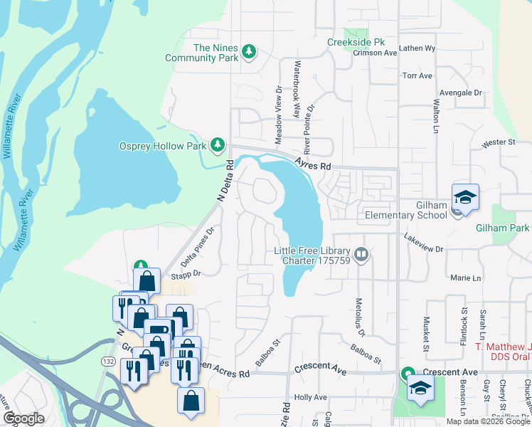 map of restaurants, bars, coffee shops, grocery stores, and more near 89 Crescent Lake Drive in Eugene