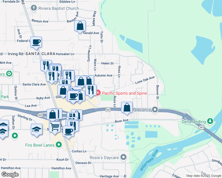 map of restaurants, bars, coffee shops, grocery stores, and more near 345 Lone Oak Avenue in Eugene