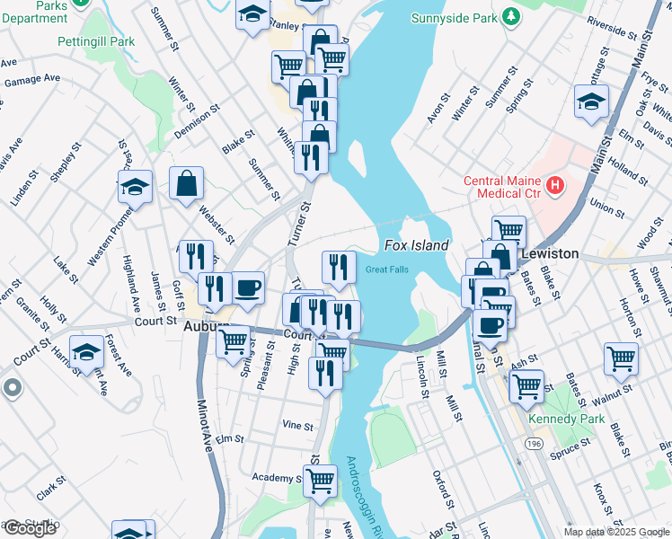 map of restaurants, bars, coffee shops, grocery stores, and more near in Auburn