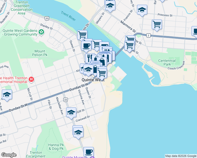 map of restaurants, bars, coffee shops, grocery stores, and more near 56 A Quinte Street in Quinte West