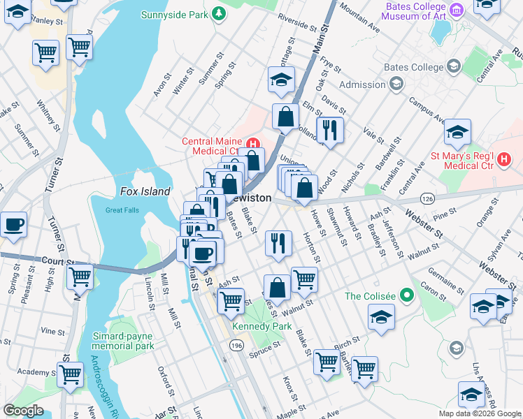 map of restaurants, bars, coffee shops, grocery stores, and more near 90R Oak Street in Lewiston