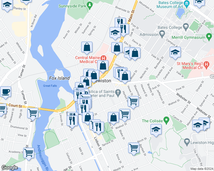 map of restaurants, bars, coffee shops, grocery stores, and more near 90R Oak Street in Lewiston