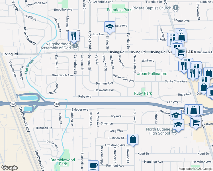 map of restaurants, bars, coffee shops, grocery stores, and more near 542 Durham Avenue in Eugene