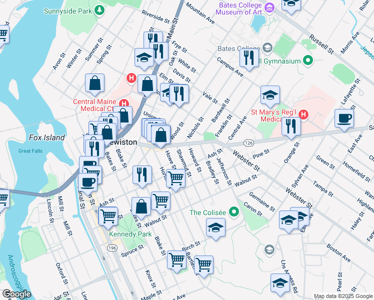 map of restaurants, bars, coffee shops, grocery stores, and more near 7 Howard Street in Lewiston