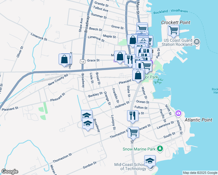 map of restaurants, bars, coffee shops, grocery stores, and more near 68 Pleasant Street in Rockland