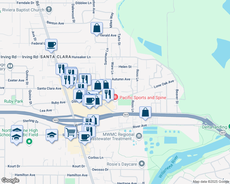 map of restaurants, bars, coffee shops, grocery stores, and more near 2615 Lone Oak Way in Eugene