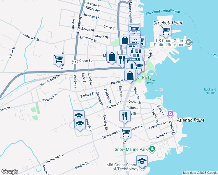 map of restaurants, bars, coffee shops, grocery stores, and more near 31 Purchase Street in Rockland