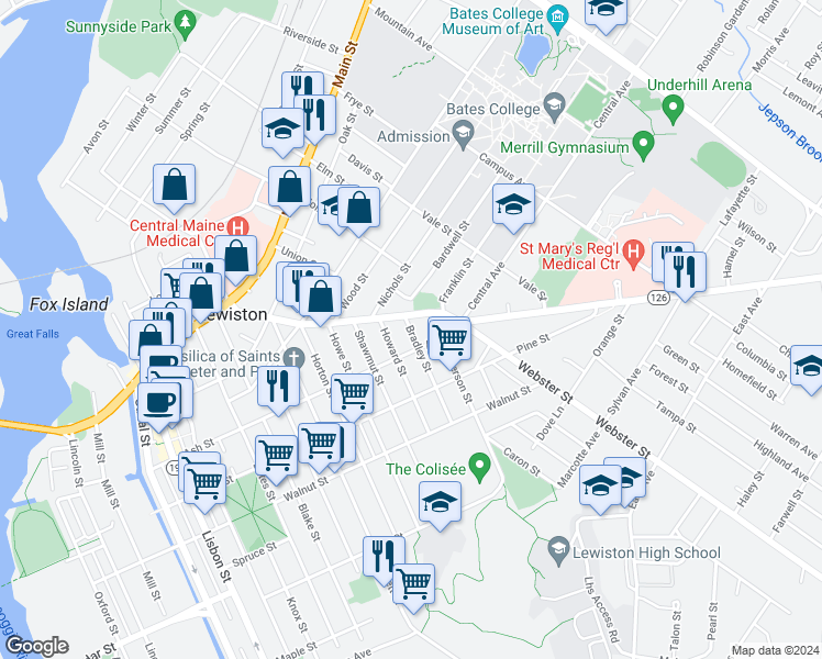 map of restaurants, bars, coffee shops, grocery stores, and more near 12 Bradley Street in Lewiston