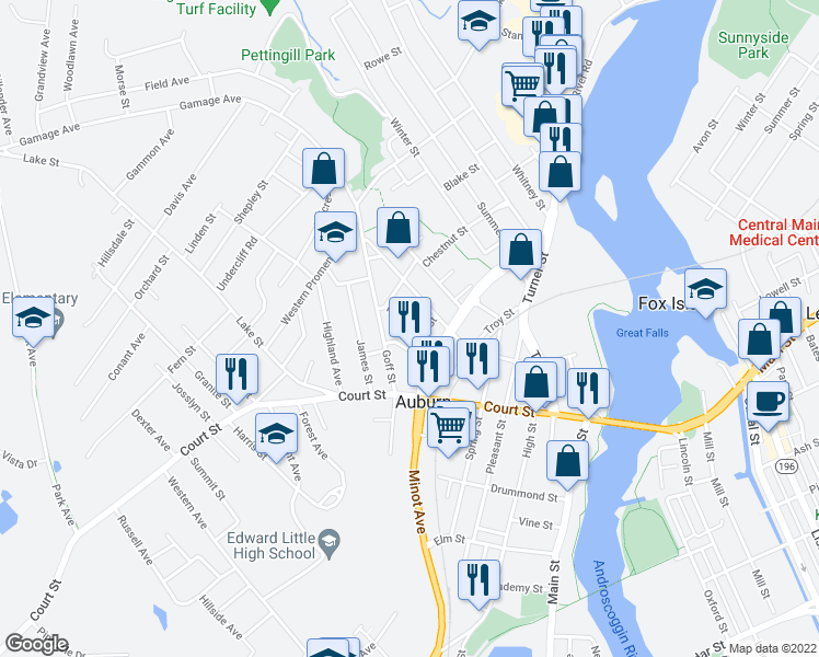 map of restaurants, bars, coffee shops, grocery stores, and more near 10 Pine Street in Auburn