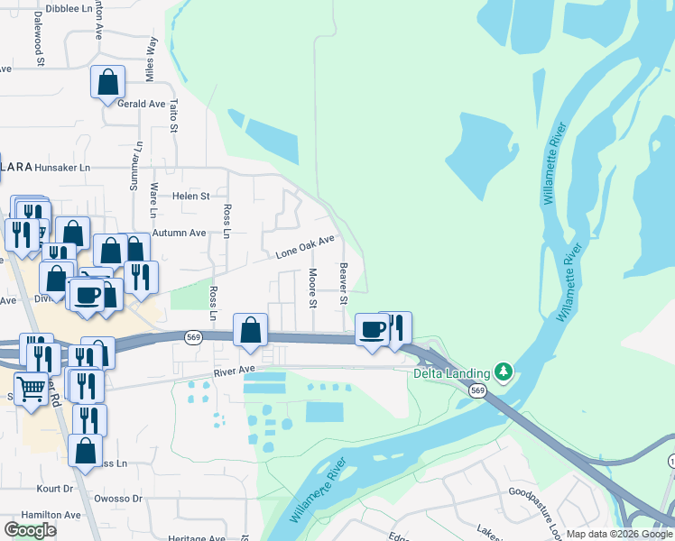 map of restaurants, bars, coffee shops, grocery stores, and more near 2436 Beaver Street in Eugene