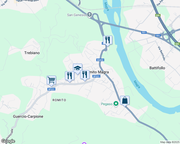 map of restaurants, bars, coffee shops, grocery stores, and more near 12 Via Gaggiola in Romito Magra