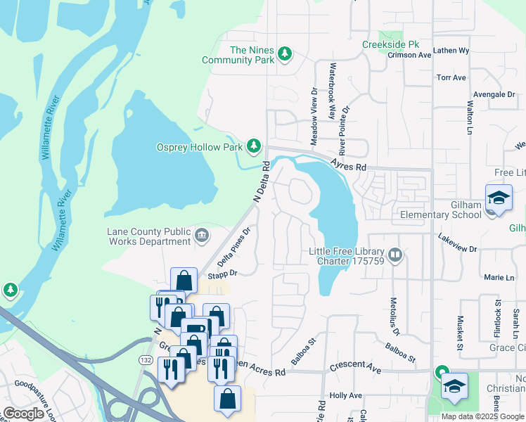 map of restaurants, bars, coffee shops, grocery stores, and more near 3097 Stapp Drive in Eugene