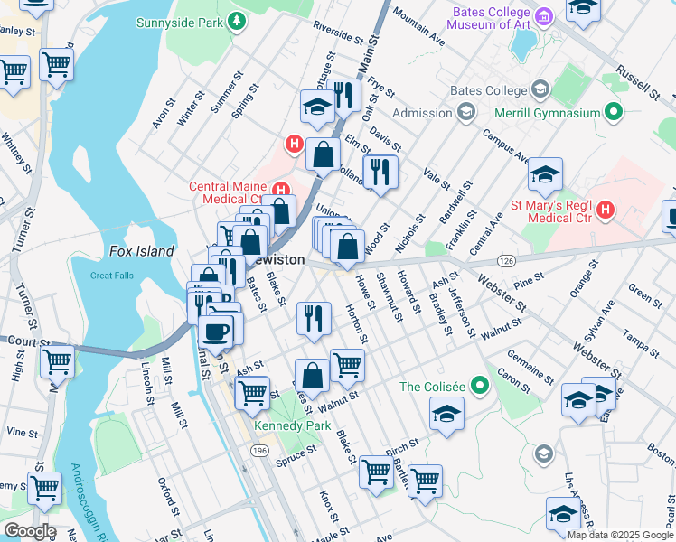 map of restaurants, bars, coffee shops, grocery stores, and more near 63 Maine 126 in Lewiston