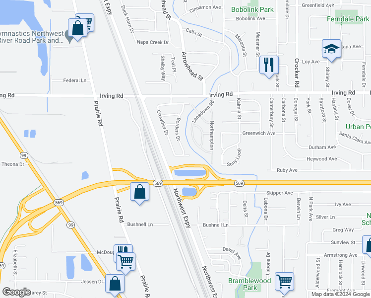 map of restaurants, bars, coffee shops, grocery stores, and more near 2423 Borders Drive in Eugene