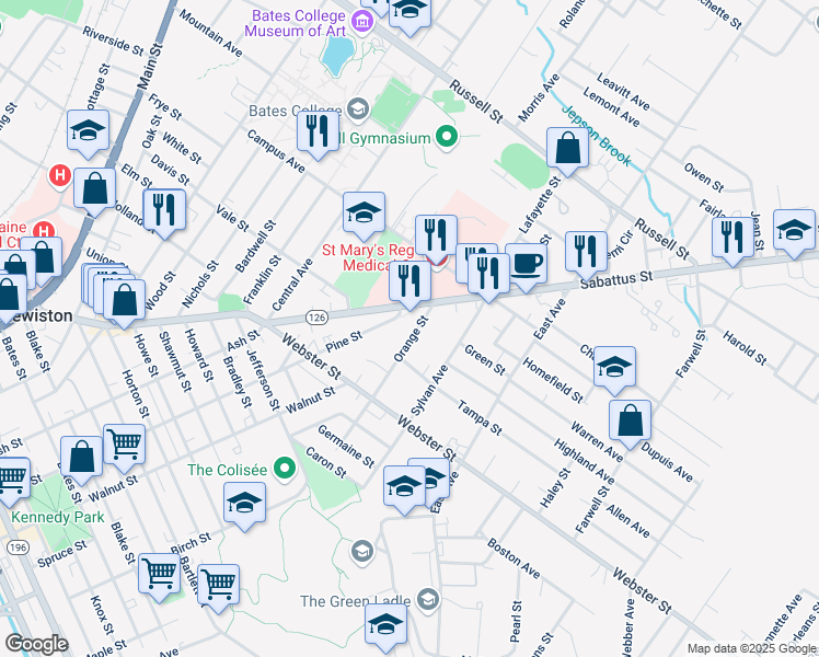 map of restaurants, bars, coffee shops, grocery stores, and more near 32 Orange Street in Lewiston