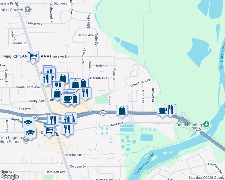 map of restaurants, bars, coffee shops, grocery stores, and more near 2615 Ross Lane in Eugene