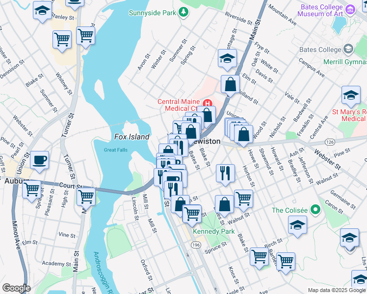 map of restaurants, bars, coffee shops, grocery stores, and more near 2 Main Street in Lewiston