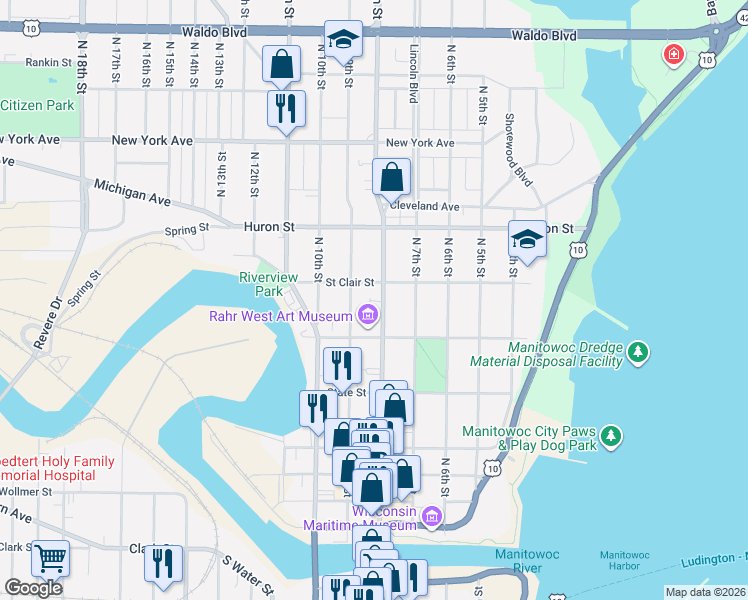 map of restaurants, bars, coffee shops, grocery stores, and more near 627 North 9th Street in Manitowoc