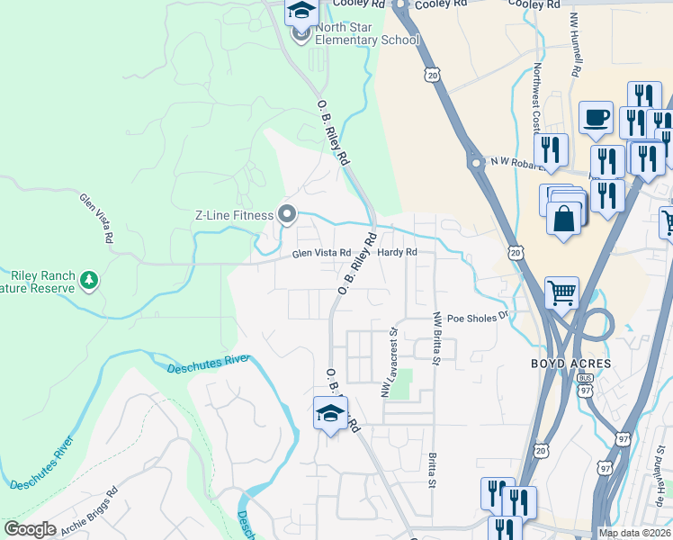 map of restaurants, bars, coffee shops, grocery stores, and more near 63355 O. B. Riley Road in Bend
