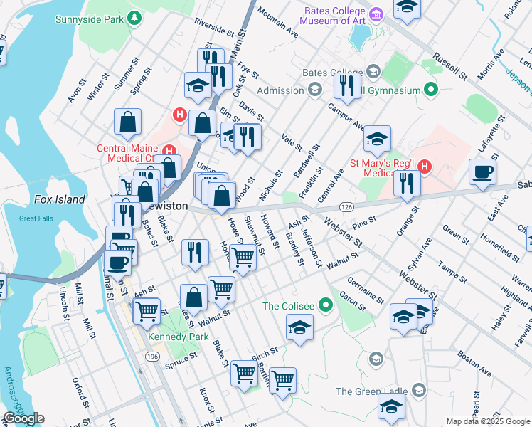 map of restaurants, bars, coffee shops, grocery stores, and more near 7 Howard Street in Lewiston
