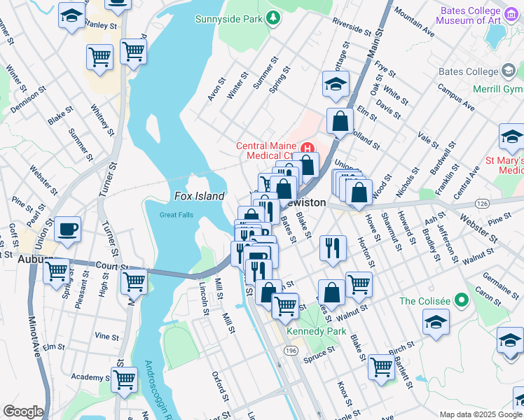 map of restaurants, bars, coffee shops, grocery stores, and more near 300 Main Street in Lewiston