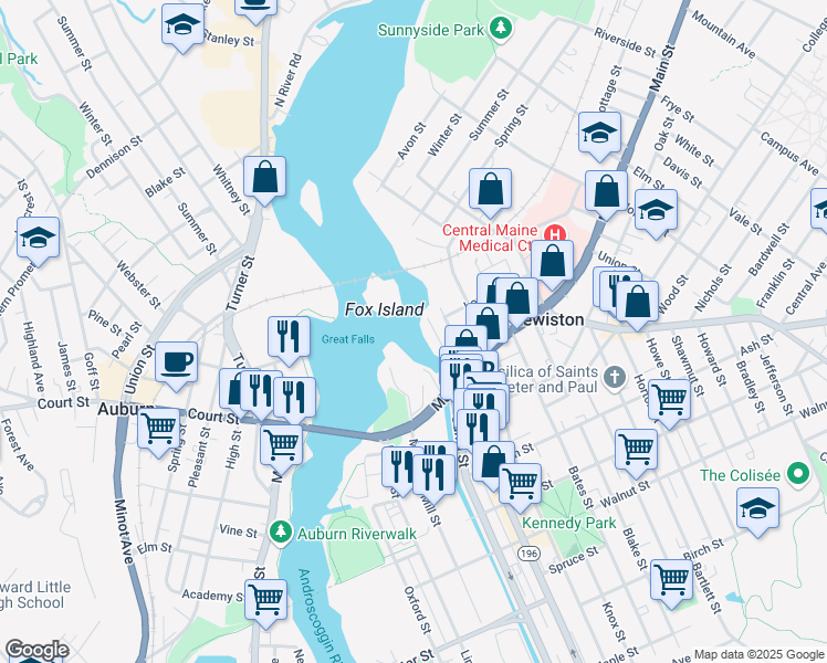 map of restaurants, bars, coffee shops, grocery stores, and more near in Lewiston