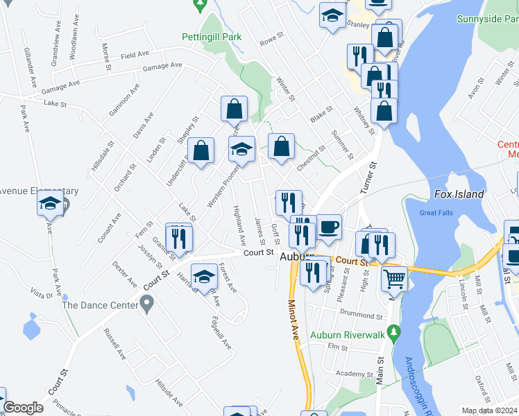 map of restaurants, bars, coffee shops, grocery stores, and more near 58 Goff Street in Auburn