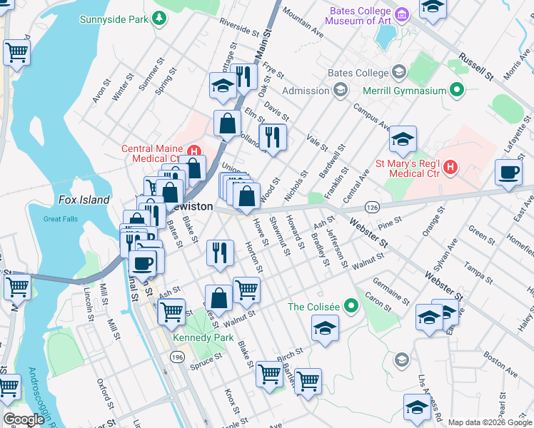 map of restaurants, bars, coffee shops, grocery stores, and more near 93 Sabattus Street in Lewiston