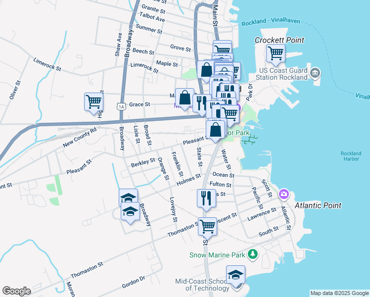 map of restaurants, bars, coffee shops, grocery stores, and more near 31 Purchase Street in Rockland