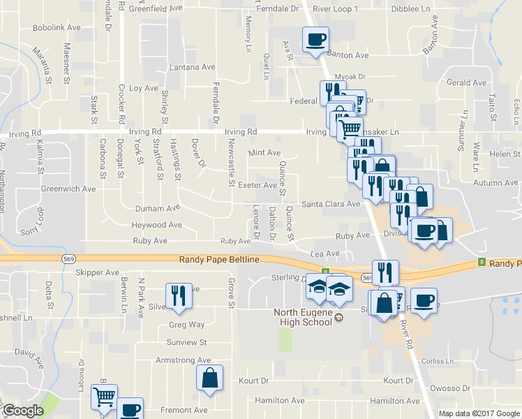 map of restaurants, bars, coffee shops, grocery stores, and more near 312 Santa Clara Avenue in Eugene