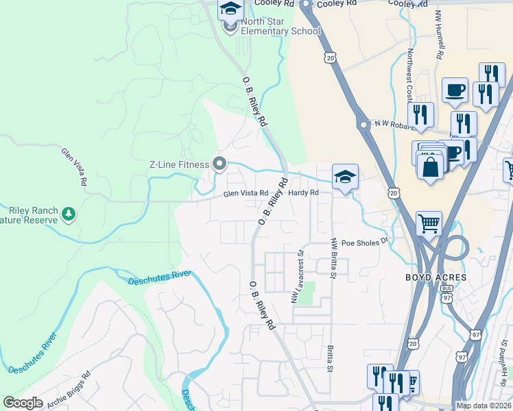 map of restaurants, bars, coffee shops, grocery stores, and more near 63355 O. B. Riley Road in Bend