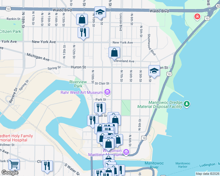 map of restaurants, bars, coffee shops, grocery stores, and more near 628 North 8th Street in Manitowoc