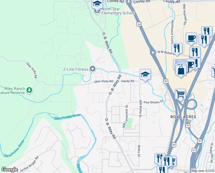 map of restaurants, bars, coffee shops, grocery stores, and more near 63355 O. B. Riley Road in Bend