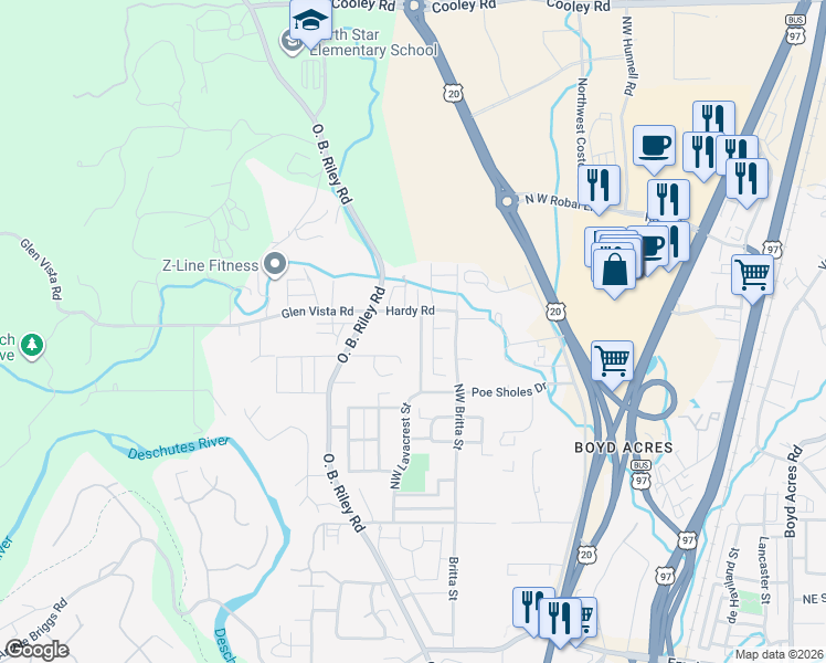 map of restaurants, bars, coffee shops, grocery stores, and more near 63353 Northwest Lavacrest Street in Bend