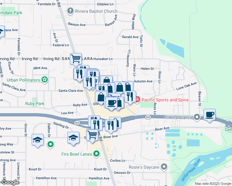 map of restaurants, bars, coffee shops, grocery stores, and more near 2610 Edgewood Drive in Eugene