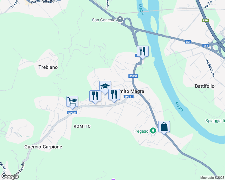 map of restaurants, bars, coffee shops, grocery stores, and more near 25 Via Gaggiola in Romito Magra