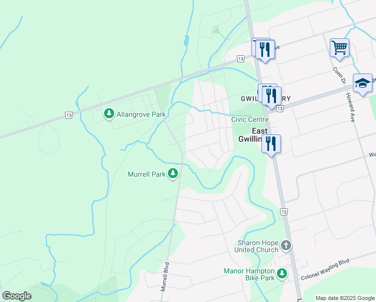 map of restaurants, bars, coffee shops, grocery stores, and more near 7 Deer Pass Road in East Gwillimbury