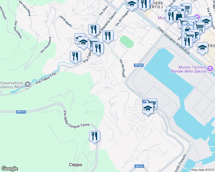 map of restaurants, bars, coffee shops, grocery stores, and more near 74 Via dei Buggi in La Spezia