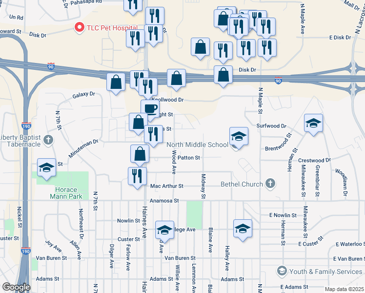 map of restaurants, bars, coffee shops, grocery stores, and more near 225 Lindbergh Avenue in Rapid City