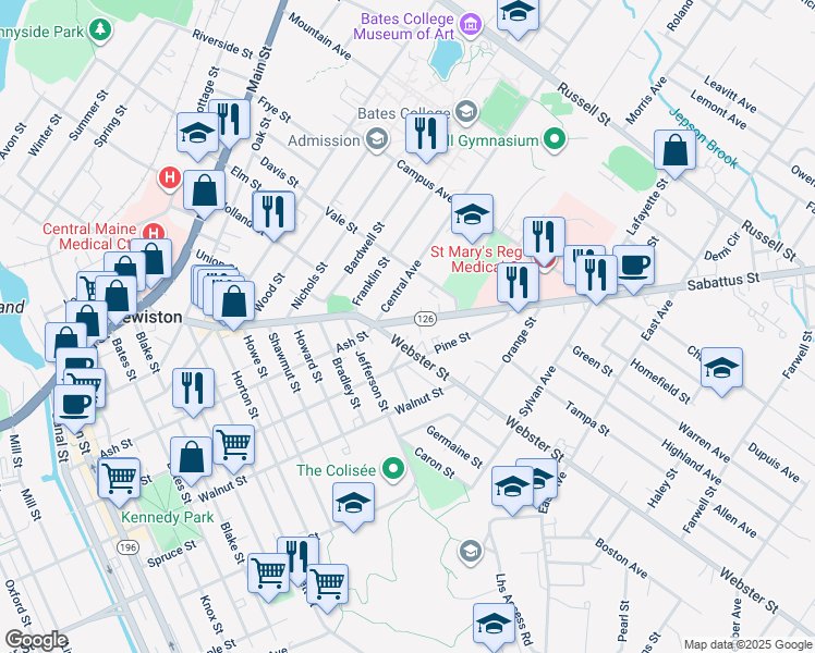 map of restaurants, bars, coffee shops, grocery stores, and more near 211 Sabattus Street in Lewiston