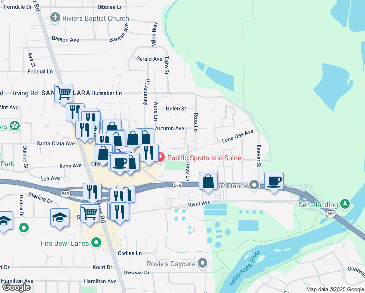map of restaurants, bars, coffee shops, grocery stores, and more near 345 Lone Oak Avenue in Eugene