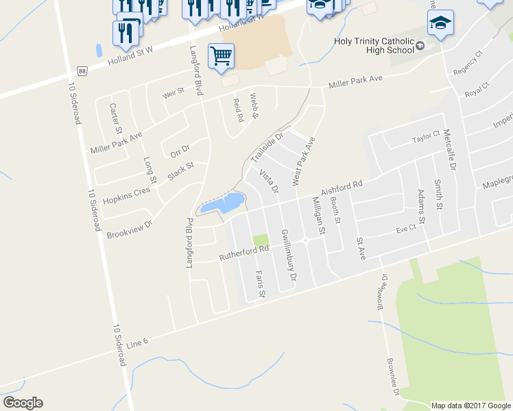map of restaurants, bars, coffee shops, grocery stores, and more near 134 Aishford Road in Bradford West Gwillimbury