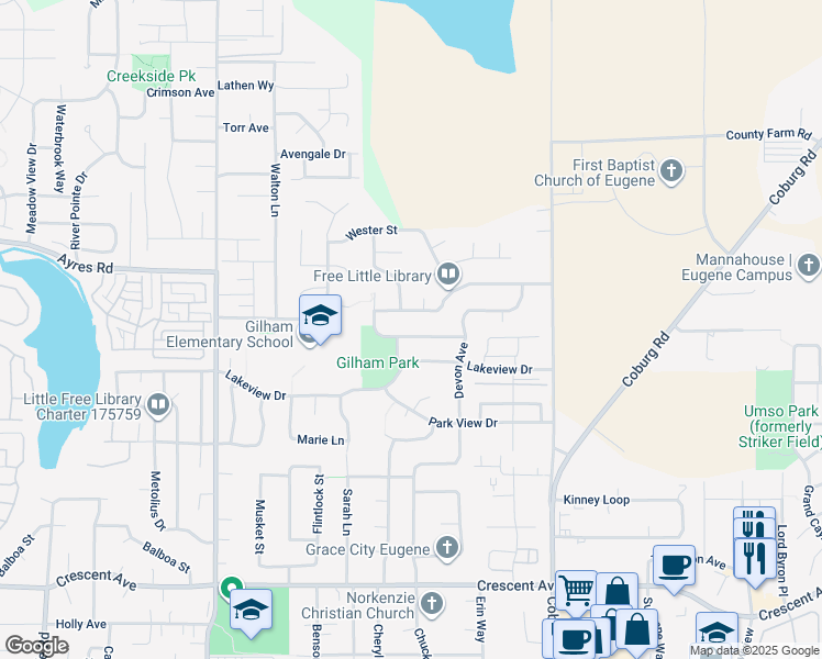 map of restaurants, bars, coffee shops, grocery stores, and more near 3149 Riverbend Avenue in Eugene