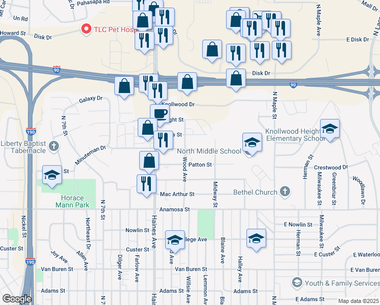map of restaurants, bars, coffee shops, grocery stores, and more near 1516 Wood Avenue in Rapid City