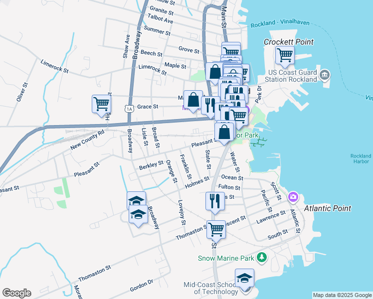 map of restaurants, bars, coffee shops, grocery stores, and more near 31 Purchase Street in Rockland